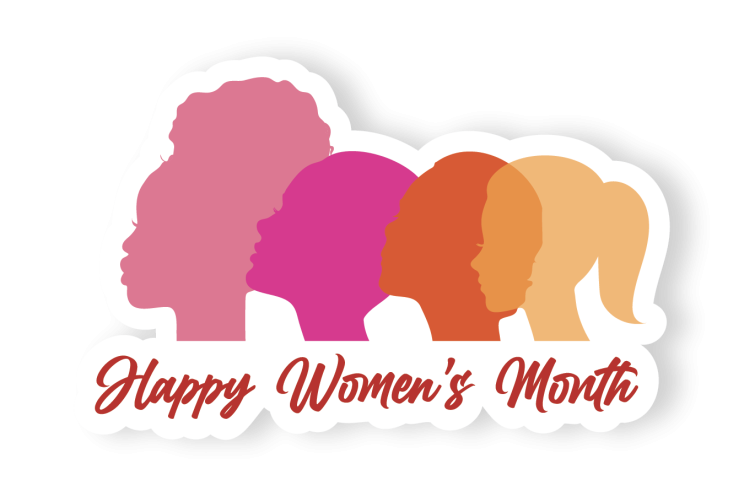 Pink to orange Gradient of Sillouhettes of female side profiles withe cursvive underneath: Happy Women's Month