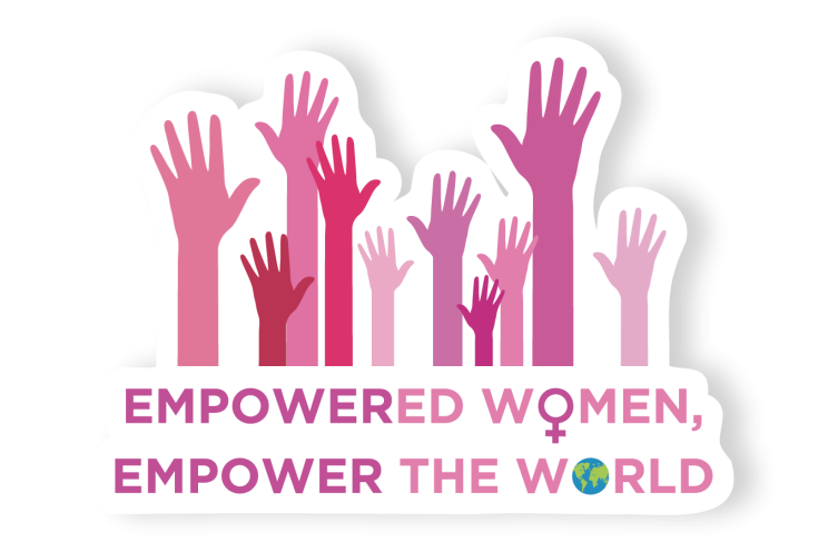 Illustration of pink hands raised. Texxt underneath reads: Empowered women empower the world