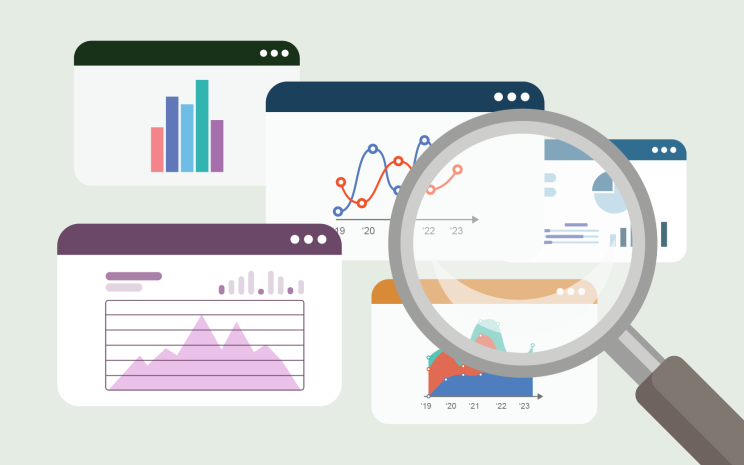magnifying glass viewing a series of data visualizations