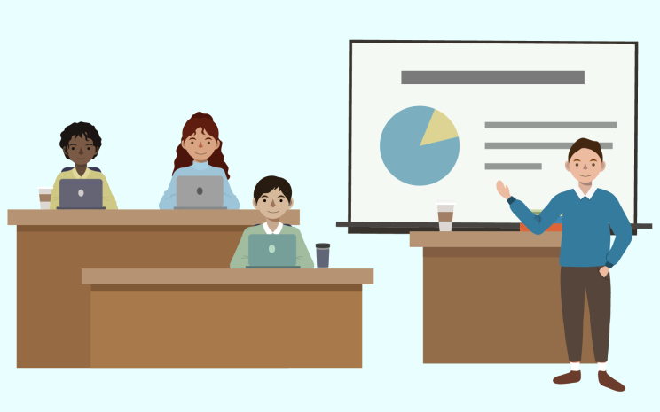 people with laptops sitting at desks, and a man standing near a white board pointing at a data visualization