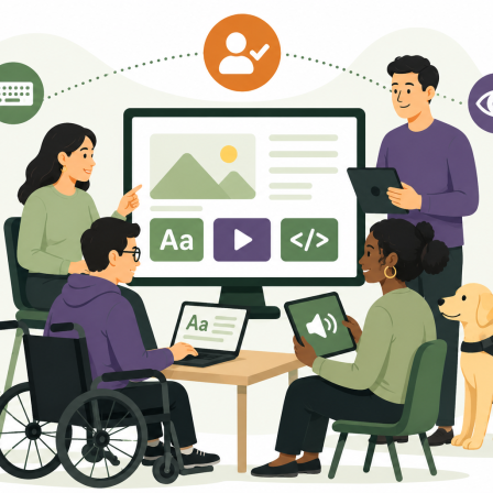 image of people sitting around a screen. icons that represent accessibility and 508 compliance appear around them